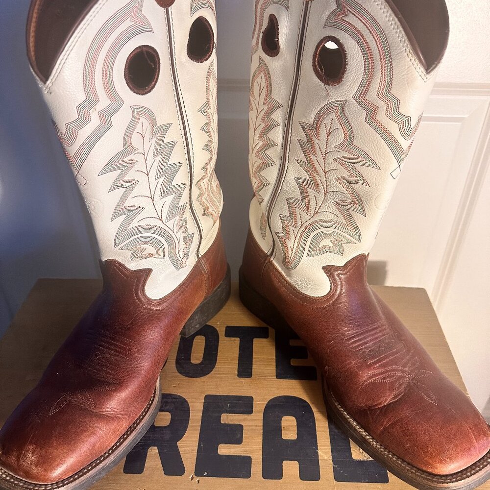 TONY LAMA 3R BROWN & WHITE LEATHER SQUARE TOE COWBOY BOOTS #RR4007 MEN'S 12EE